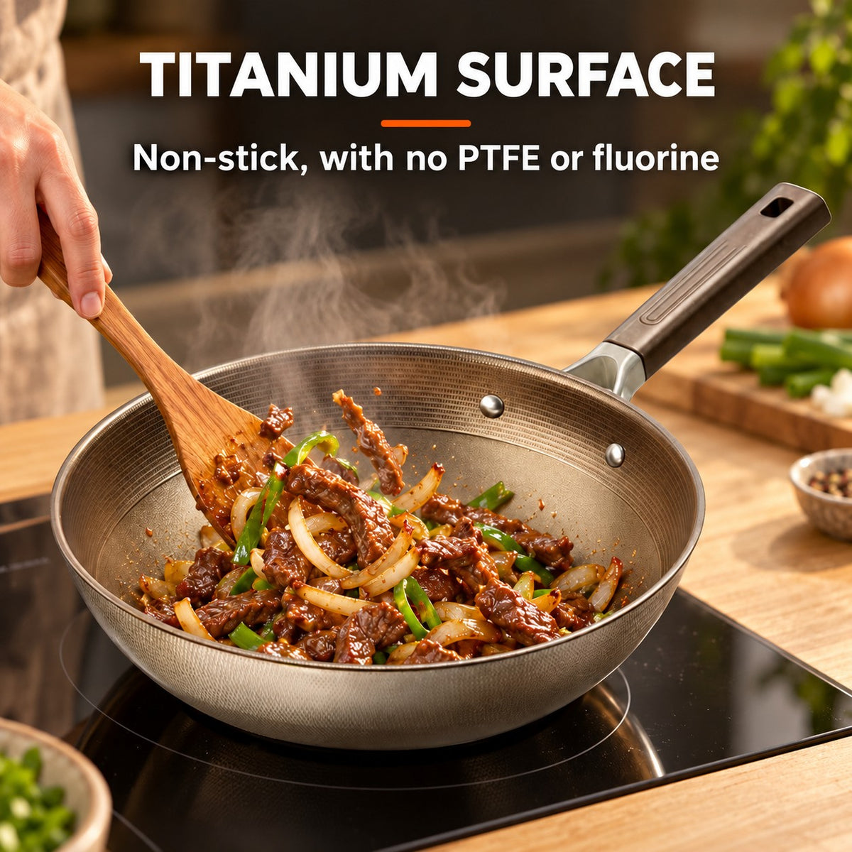Non-stick titanium induction wok, TITANIUM SURFACE: Non-stick, with no PTFE or fluorine