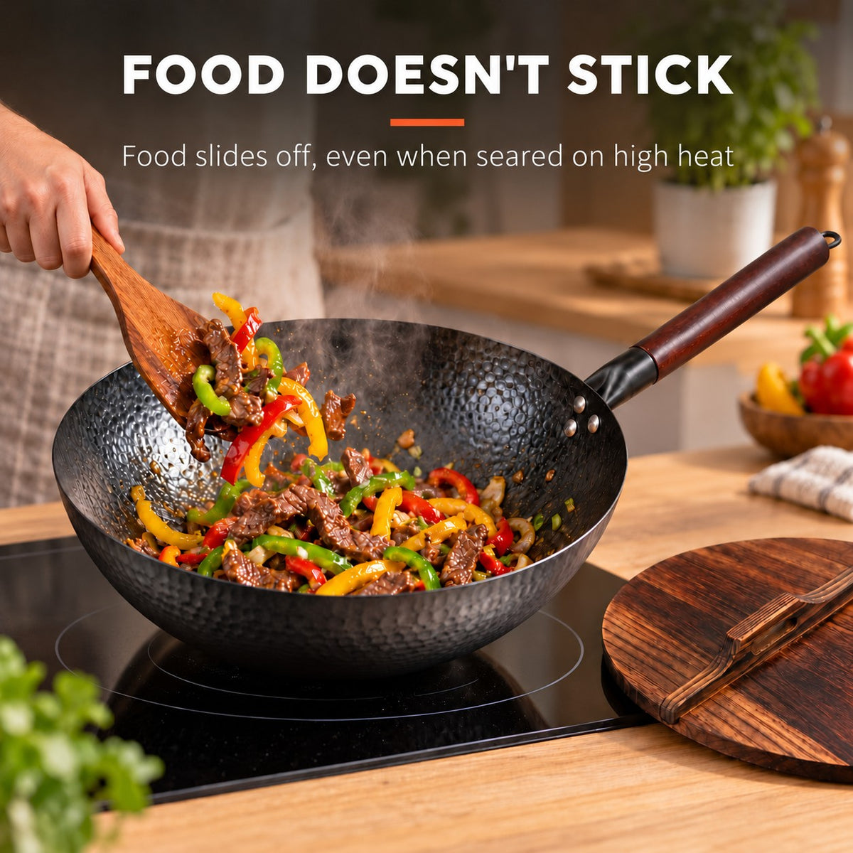 The Shirane Japanese Wok, FOOD DOESN'T STICK: Food slides off, even when seared on high heat