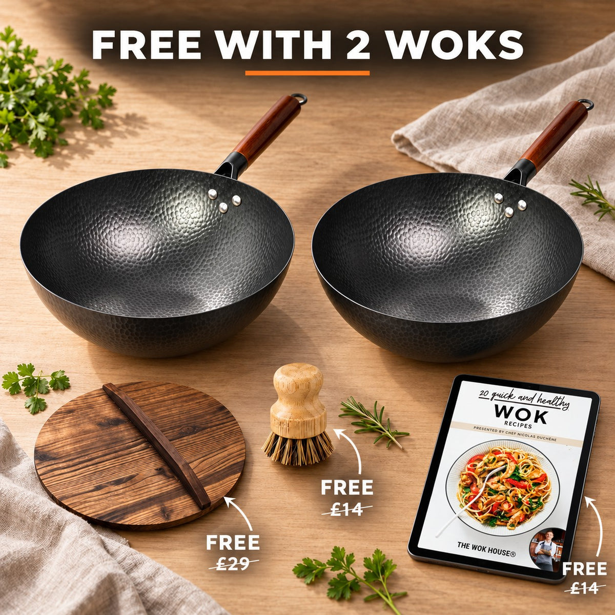 The Shirane Japanese Wok, FREE WITH 2 WOKS: wooden lid (£29), bamboo brush (£14), recipe book (£14)