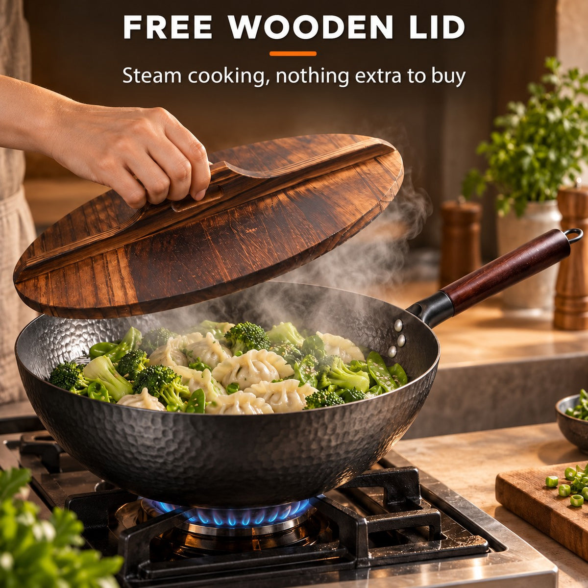 The Shirane Japanese Wok, FREE WOODEN LID: Steam cooking, nothing extra to buy