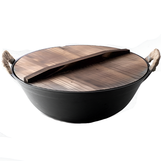 Ontake cast iron wok with two ergonomic handles and wooden lid for gas cooking