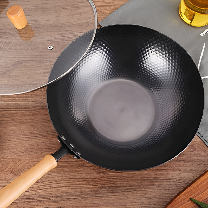Kumichi hammered carbon steel wok with wooden handle for induction cooking