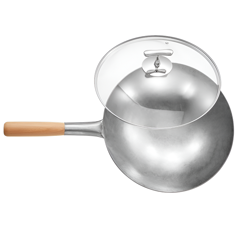 Benkoa round-bottom wrought iron wok with wooden handle and glass lid for gas hob
