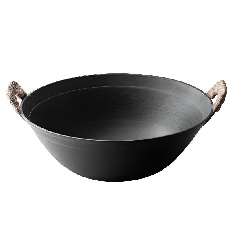 Ontake cast iron wok with two ergonomic handles and wooden lid for gas cooking