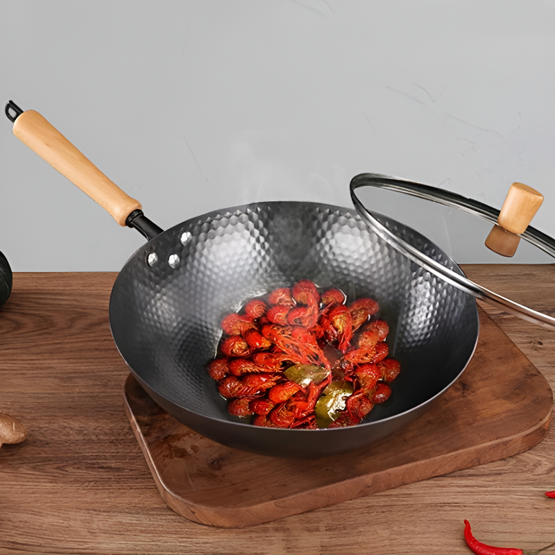 Kumichi hammered carbon steel wok with wooden handle for induction cooking