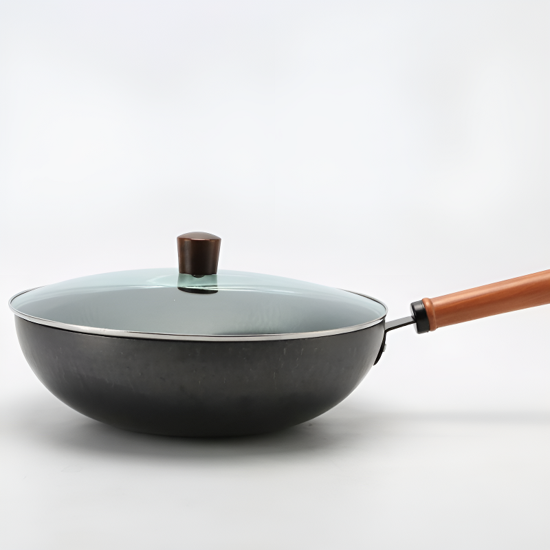 Benka carbon steel wok with wooden handle and glass lid for induction cooking
