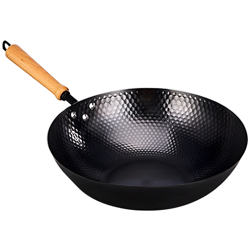 Kumichi hammered carbon steel wok with wooden handle for induction cooking