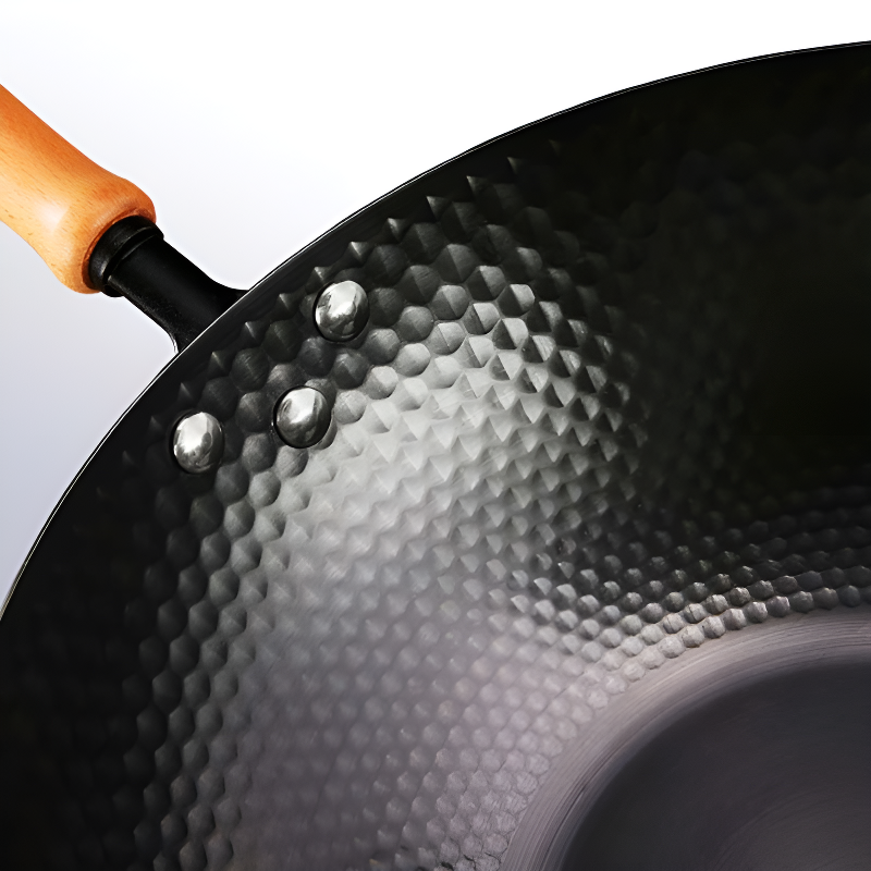 Kumichi hammered carbon steel wok with wooden handle for induction cooking