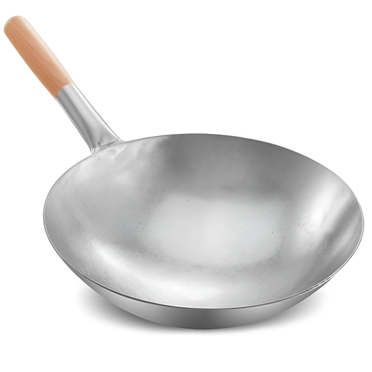 Benkoa round-bottom wrought iron wok with wooden handle and glass lid for gas hob