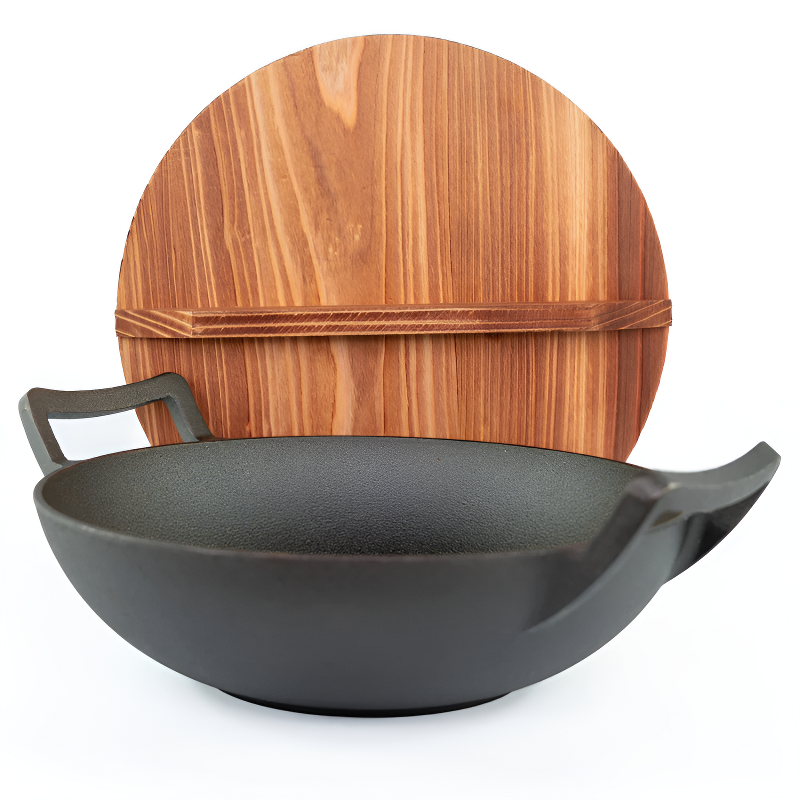 Tekari handleless cast iron wok with wooden lid for induction cooking