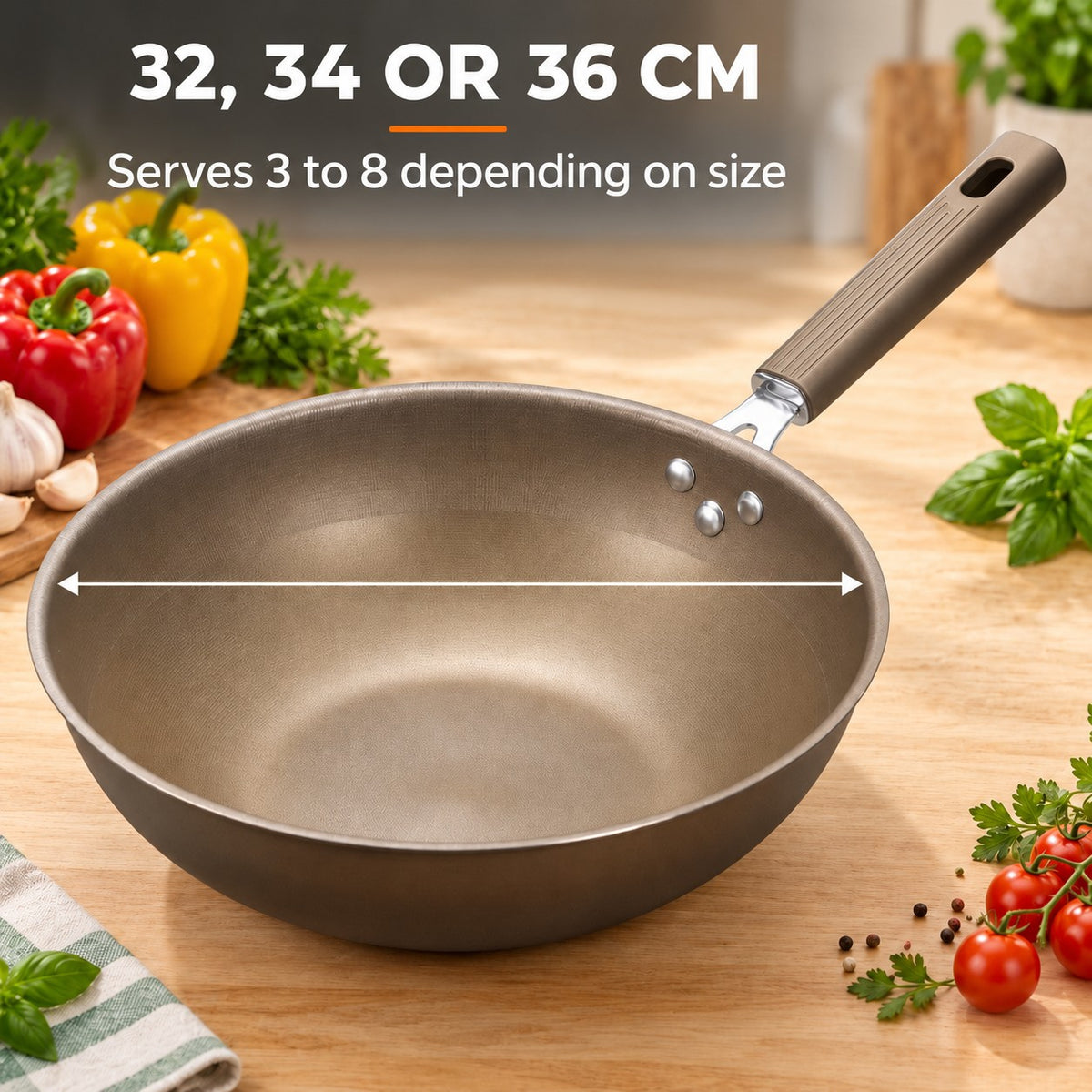 PFAS-free titanium wok, 32, 34 OR 36 CM: Serves 3 to 8 depending on size