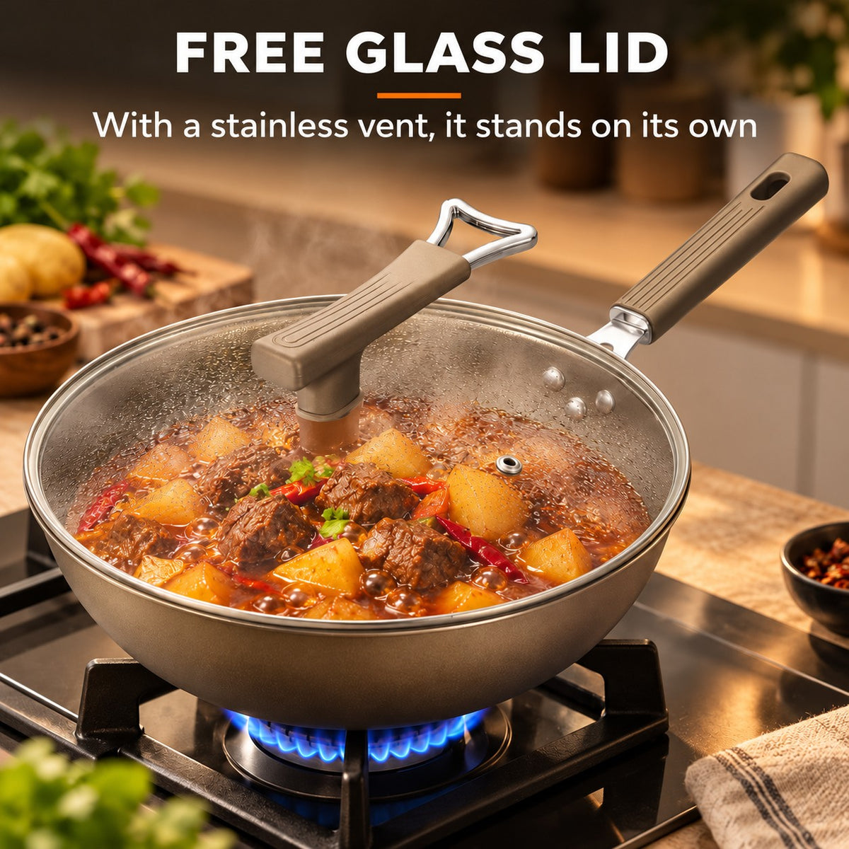 PFAS-free titanium wok, FREE GLASS LID: With a stainless vent, it stands on its own