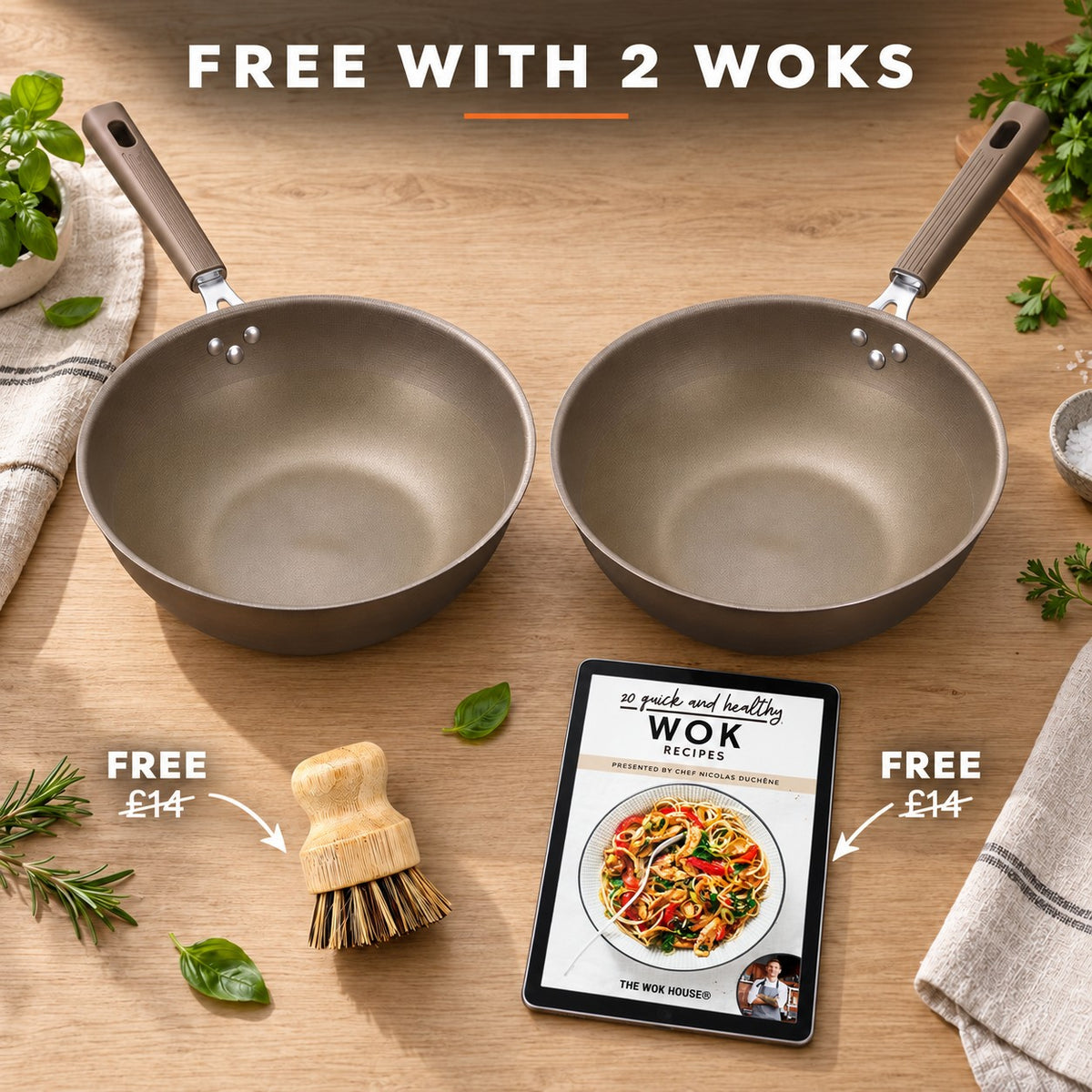 PFAS-free titanium wok, FREE WITH 2 WOKS: bamboo brush (£14), recipe book (£14)