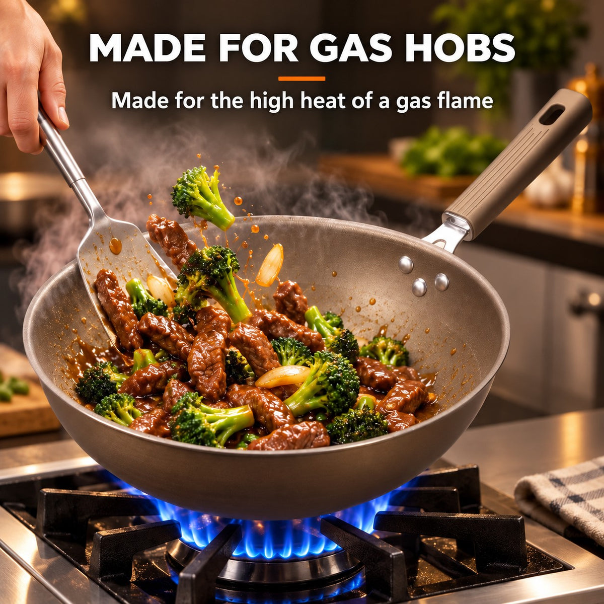 PFAS-free titanium wok, MADE FOR GAS HOBS: Made for the high heat of a gas flame
