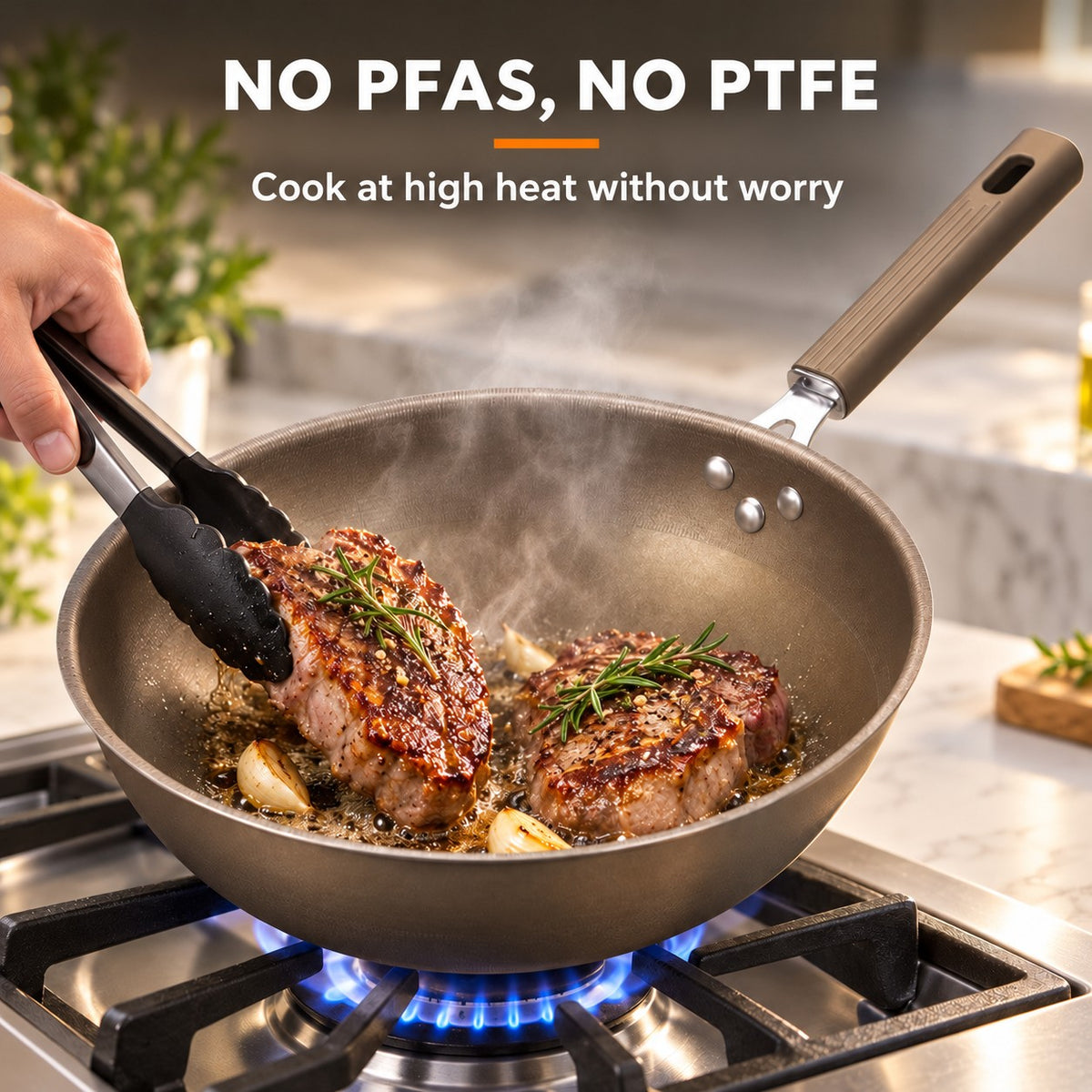 PFAS-free titanium wok, NO PFAS, NO PTFE: Cook at high heat without worry