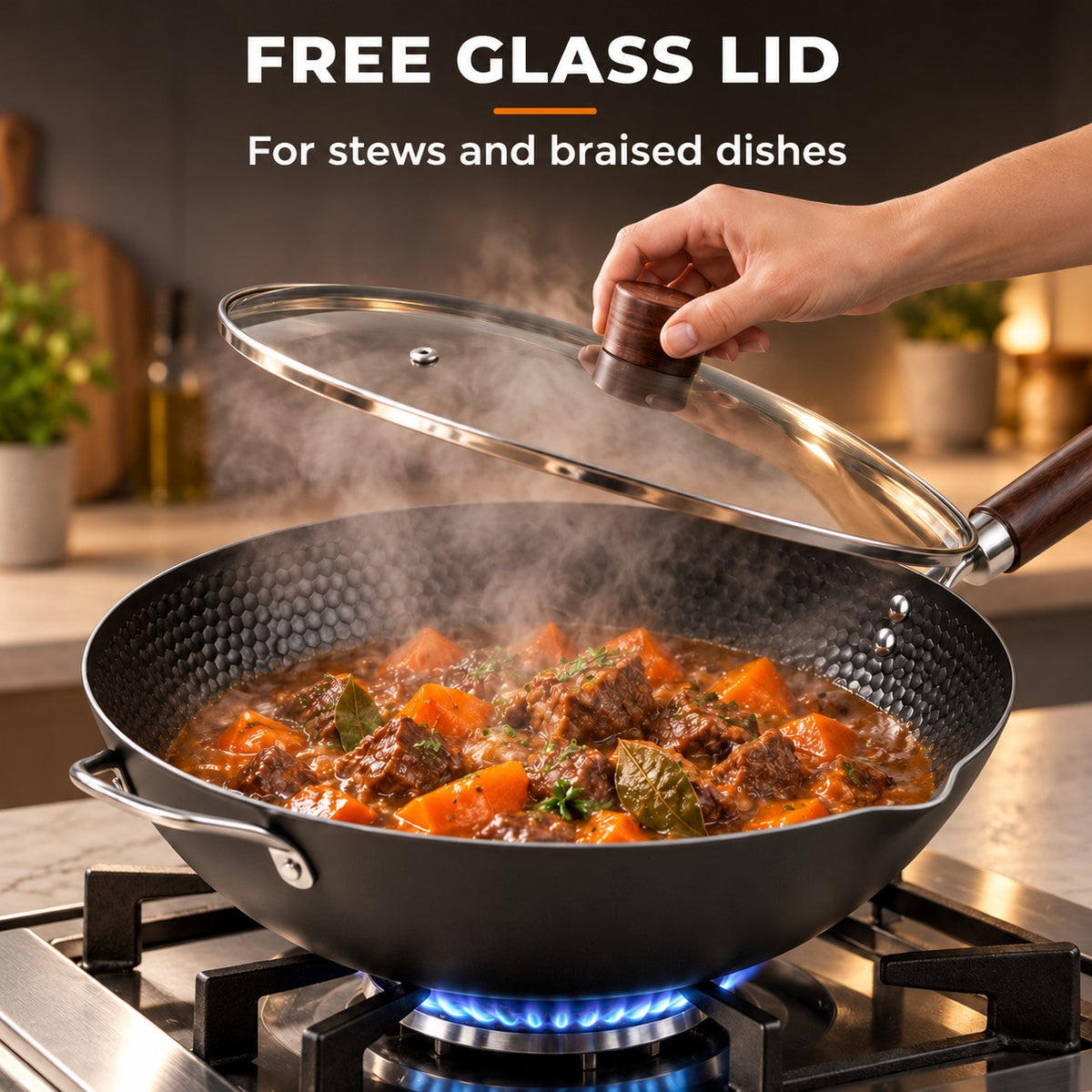 PFOA-free non-stick wok, FREE GLASS LID: For stews and braised dishes