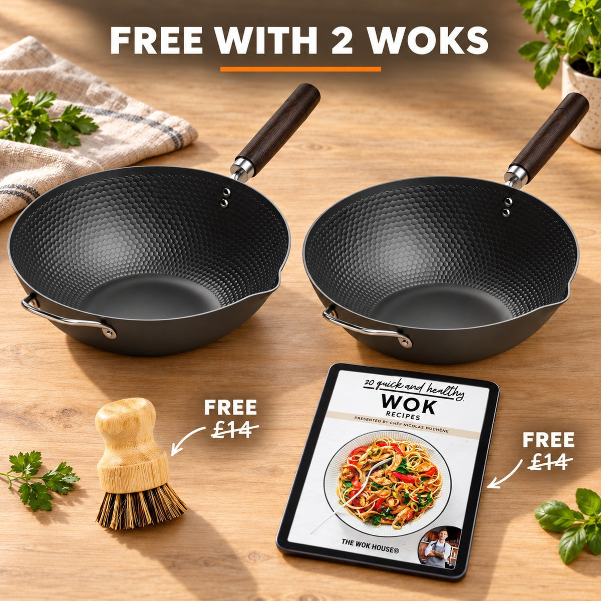 PFOA-free non-stick wok, FREE WITH 2 WOKS: bamboo brush (£14), recipe book (£14)