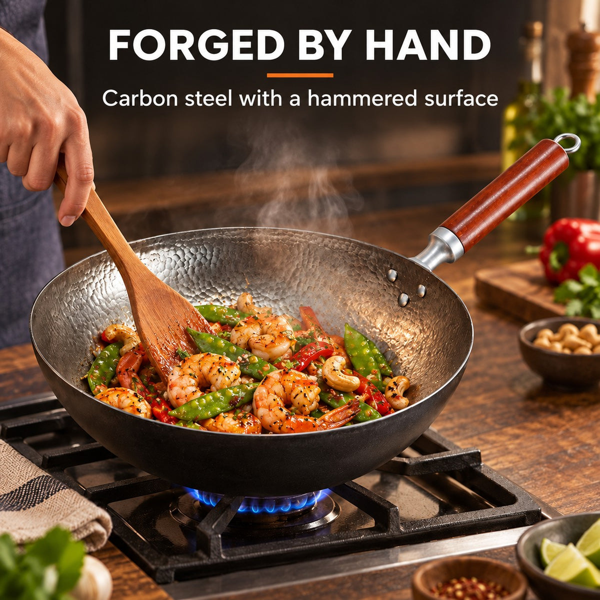 The Senjo Induction Wok, FORGED BY HAND: Carbon steel with a hammered surface