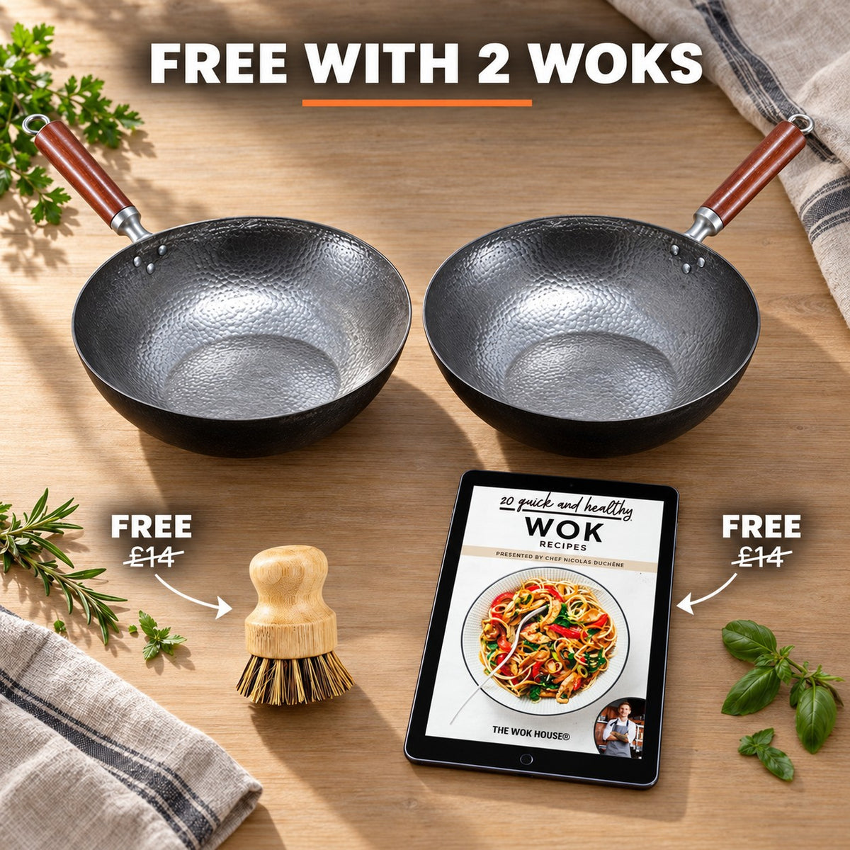 The Senjo Induction Wok, FREE WITH 2 WOKS: bamboo brush (£14), recipe book (£14)