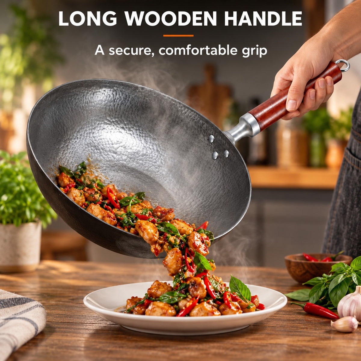 The Senjo Induction Wok, LONG WOODEN HANDLE: A secure, comfortable grip