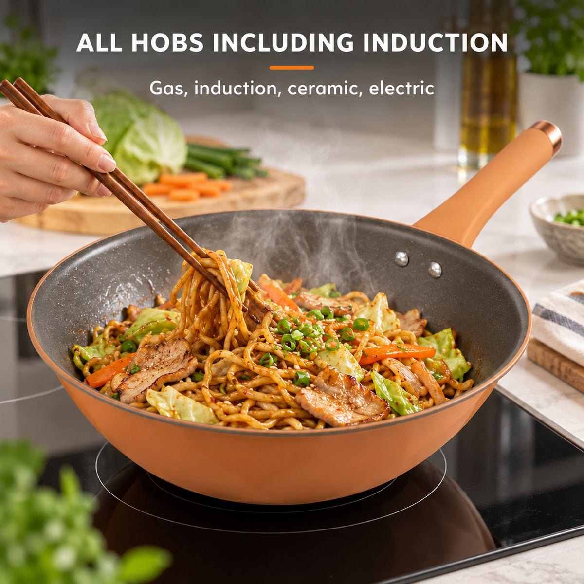 Professional-quality wok, ALL HOBS INCLUDING INDUCTION: Gas, induction, ceramic, electric