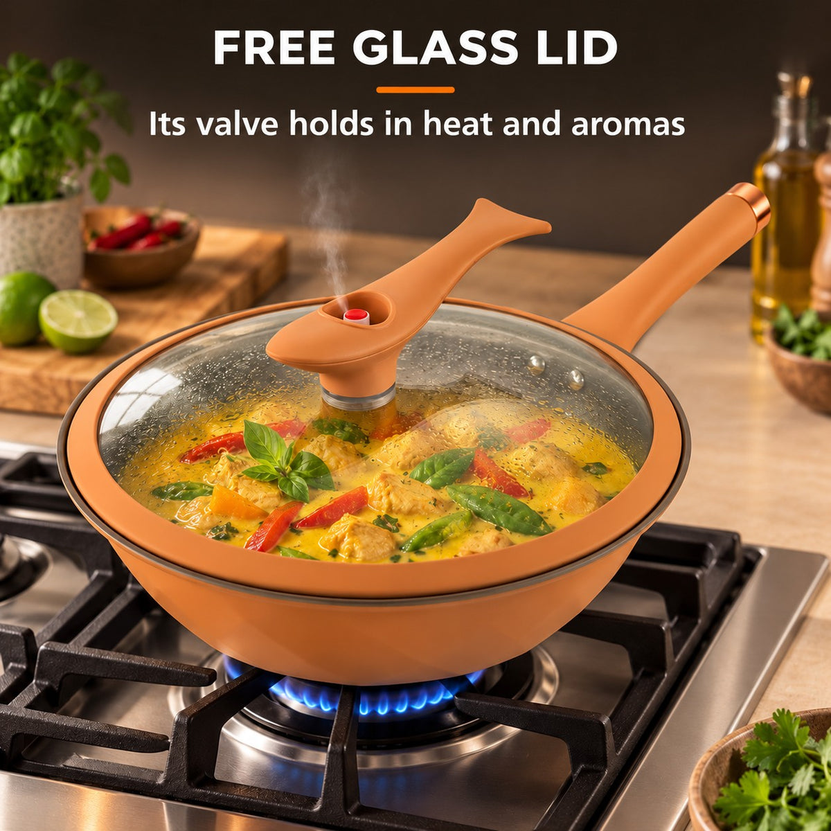 Professional-quality wok, FREE GLASS LID: Its valve holds in heat and aromas