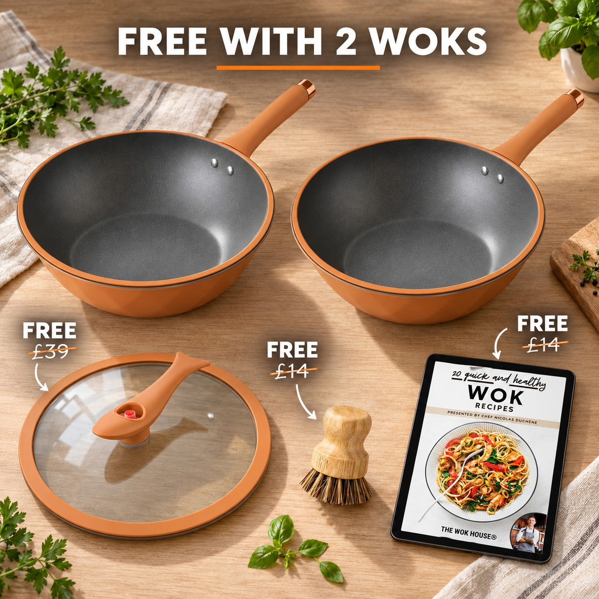 Professional-quality wok, FREE WITH 2 WOKS: glass lid (£39), bamboo brush (£14), recipe book (£14)
