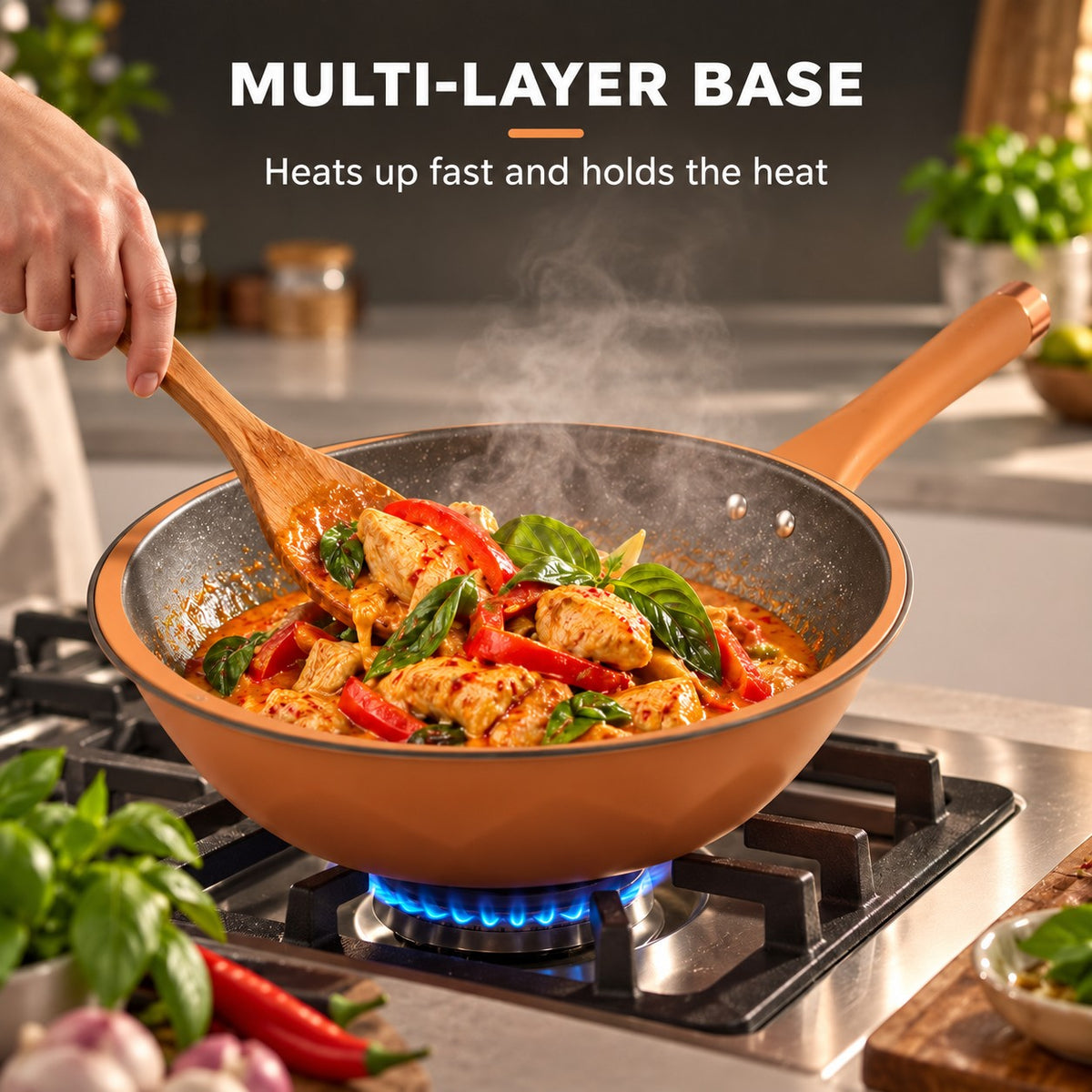 Professional-quality wok, MULTI-LAYER BASE: Heats up fast and holds the heat