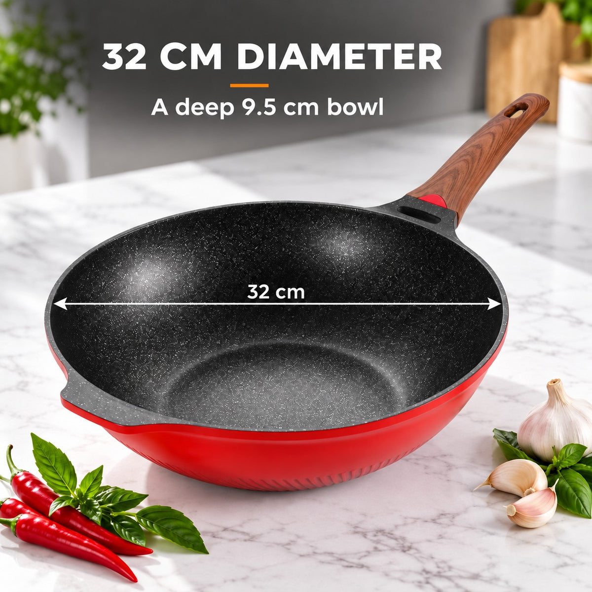 Red designer wok with lid, 32 CM DIAMETER: A deep 9.5 cm bowl