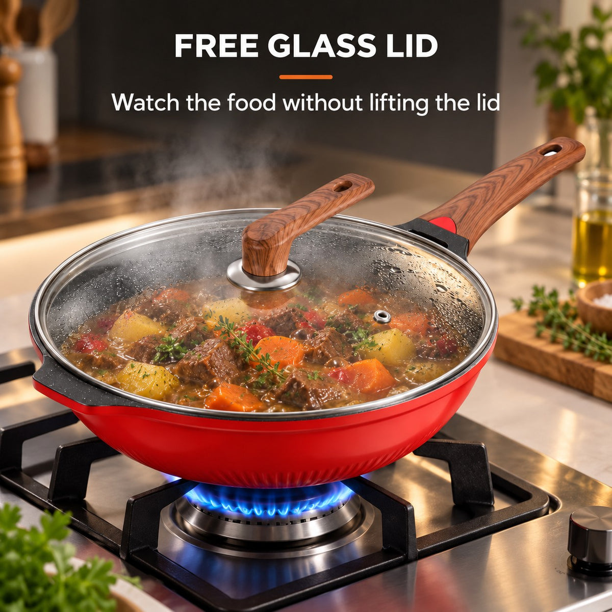 Red designer wok with lid, FREE GLASS LID: Watch the food without lifting the lid