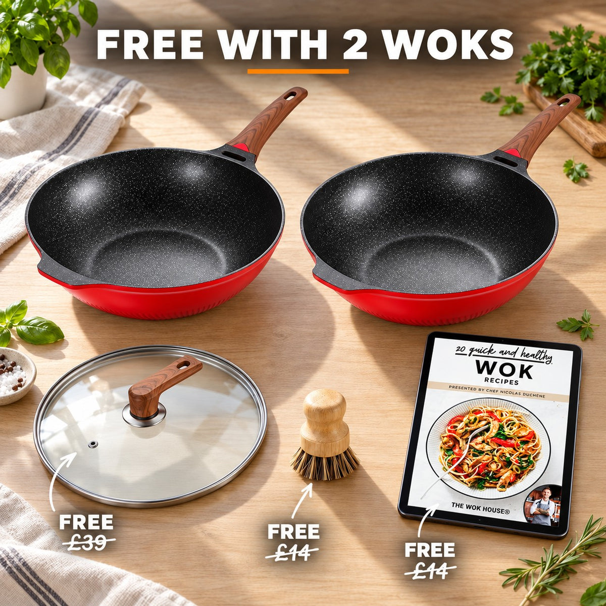 Red designer wok with lid, FREE WITH 2 WOKS: glass lid (£39), bamboo brush (£14), recipe book (£14)