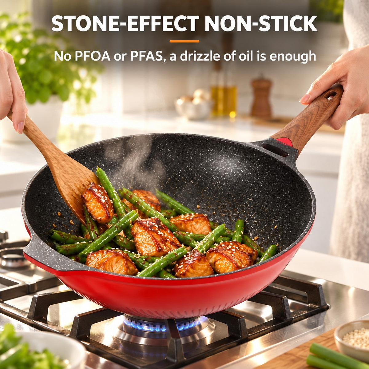 Red designer wok with lid, STONE-EFFECT NON-STICK: No PFOA or PFAS, a drizzle of oil is enough