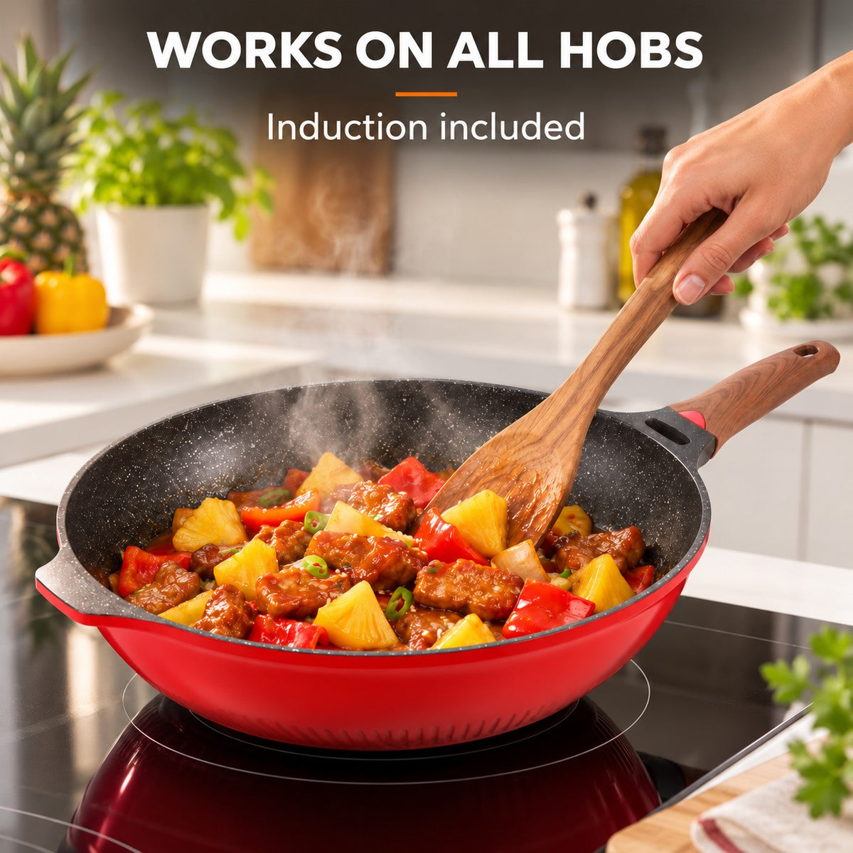 Red designer wok with lid, WORKS ON ALL HOBS: Induction included