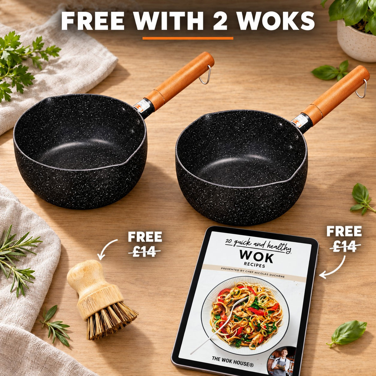 The Kawo Small Wok, FREE WITH 2 WOKS: bamboo brush (£14), recipe book (£14)