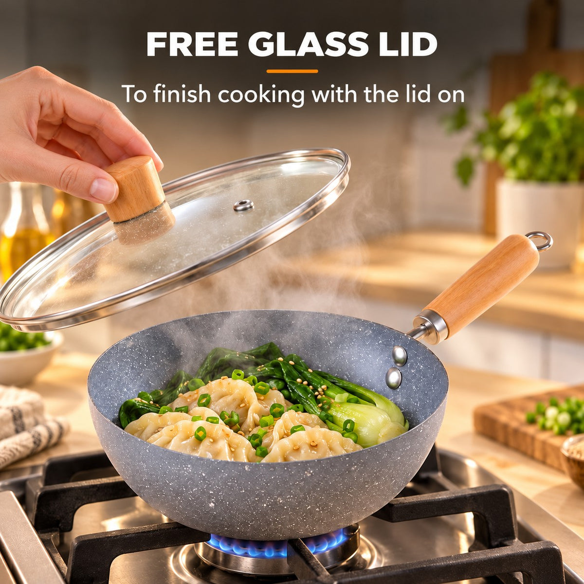 Small wok, FREE GLASS LID: To finish cooking with the lid on