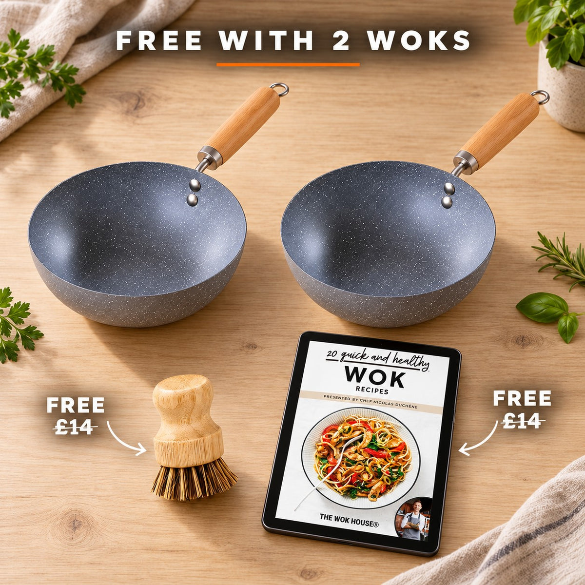 Small wok, FREE WITH 2 WOKS: bamboo brush (£14), recipe book (£14)