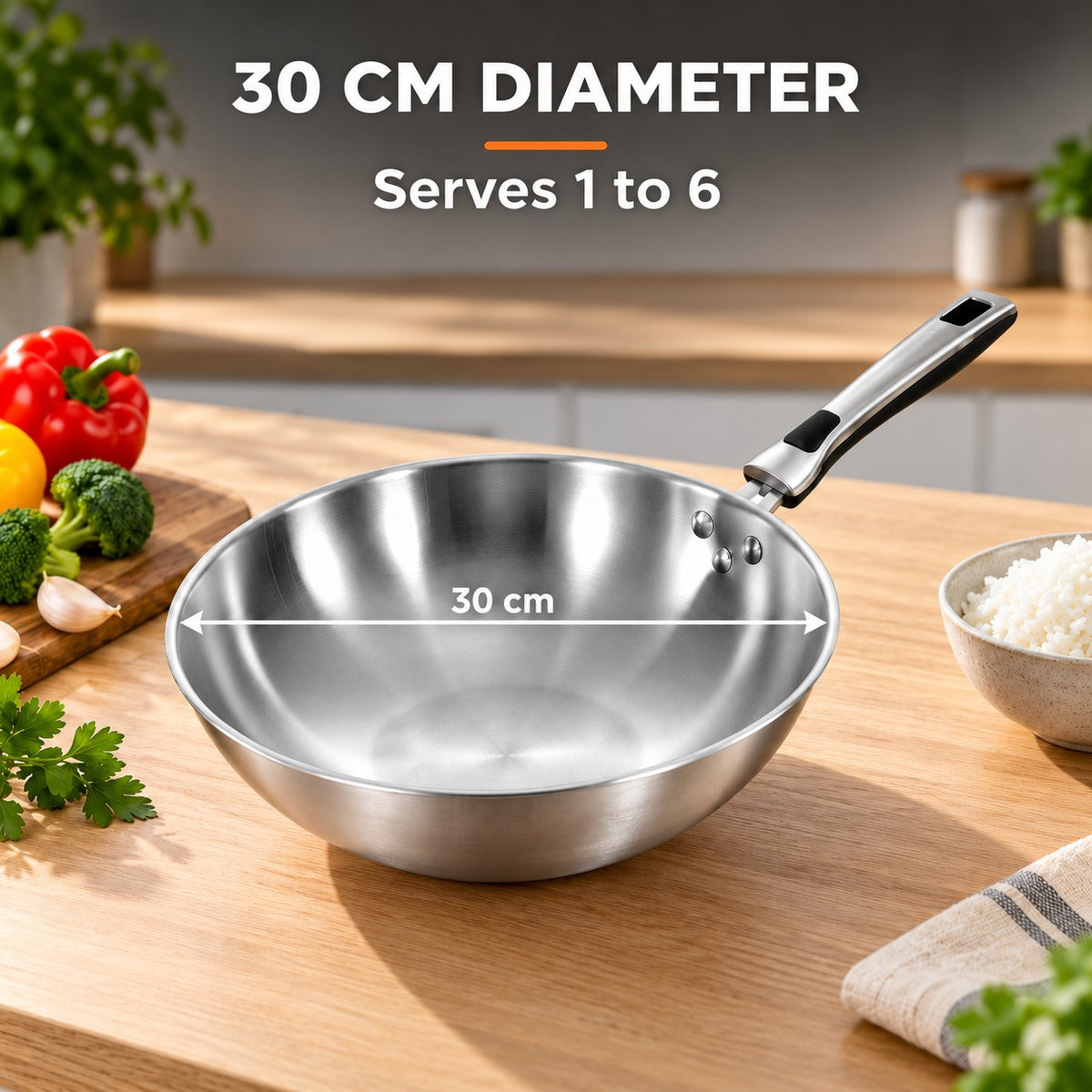 The Shiomi Stainless Steel Wok, 30 CM DIAMETER: Serves 1 to 6