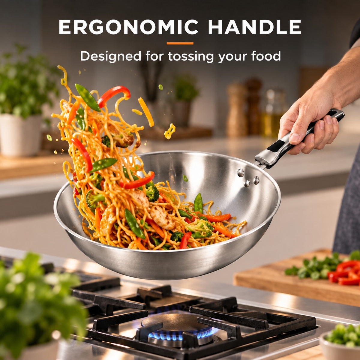 The Shiomi Stainless Steel Wok, ERGONOMIC HANDLE: Designed for tossing your food