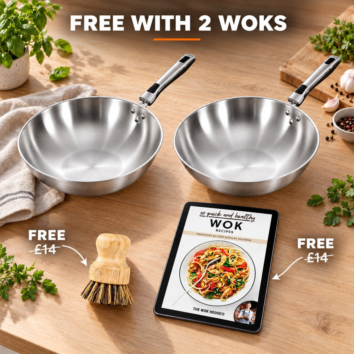 The Shiomi Stainless Steel Wok, FREE WITH 2 WOKS: bamboo brush (£14), recipe book (£14)