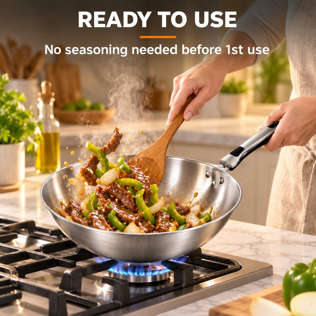 The Shiomi Stainless Steel Wok, READY TO USE: No seasoning needed before 1st use
