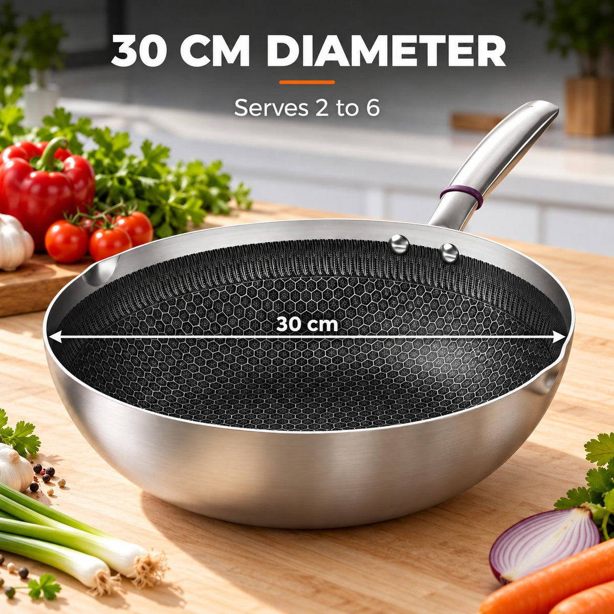 The Iwate Stainless Steel Wok, 30 CM DIAMETER: Serves 2 to 6