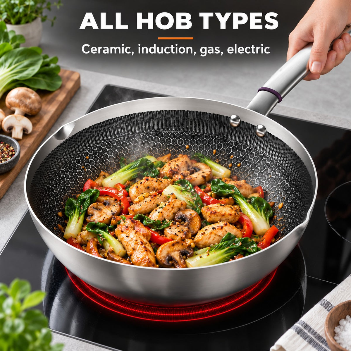 The Iwate Stainless Steel Wok, ALL HOB TYPES: Ceramic, induction, gas, electric
