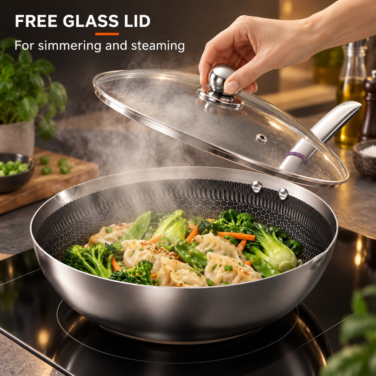 The Iwate Stainless Steel Wok, FREE GLASS LID: For simmering and steaming