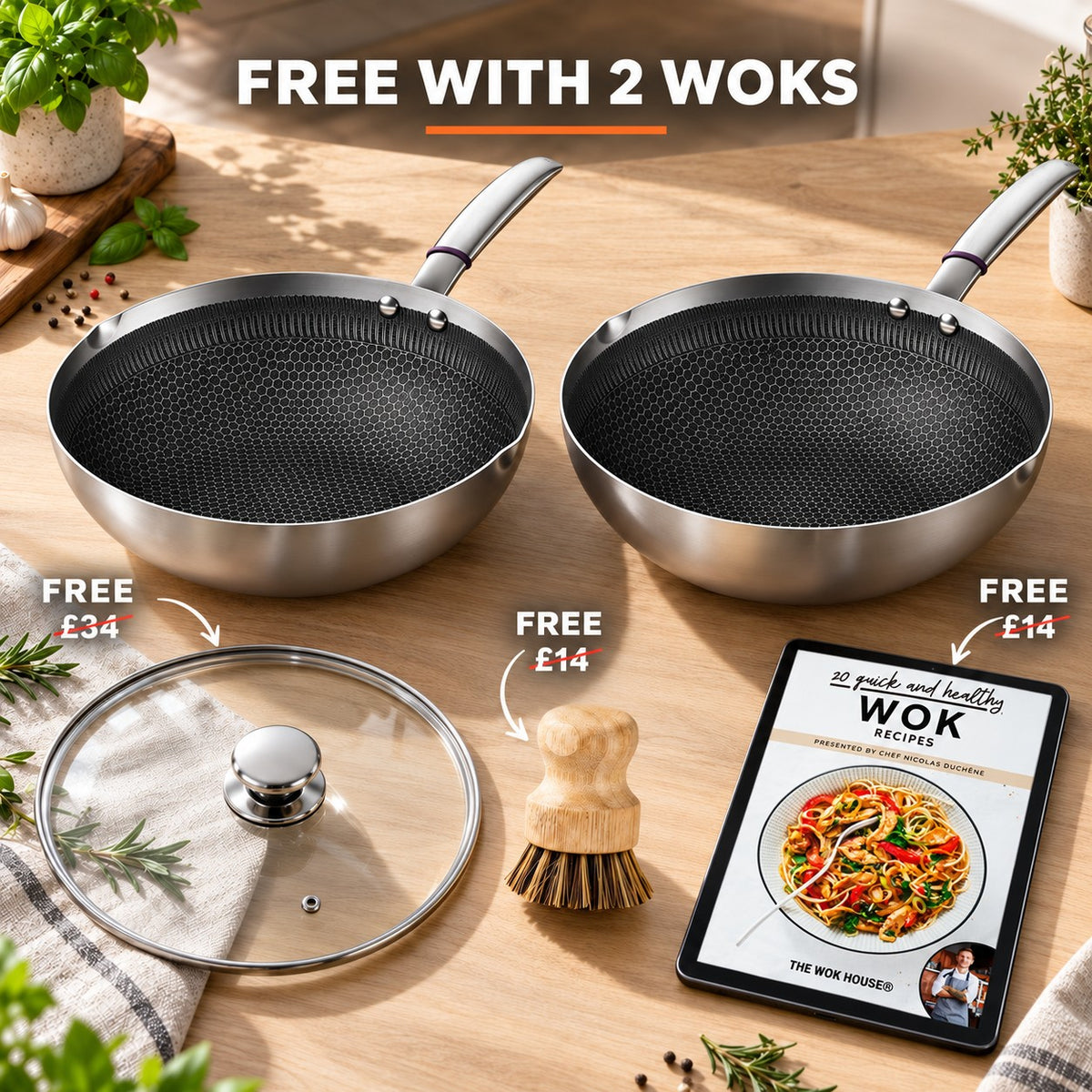 The Iwate Stainless Steel Wok, FREE WITH 2 WOKS: glass lid (£34), bamboo brush (£14), recipe book (£14)