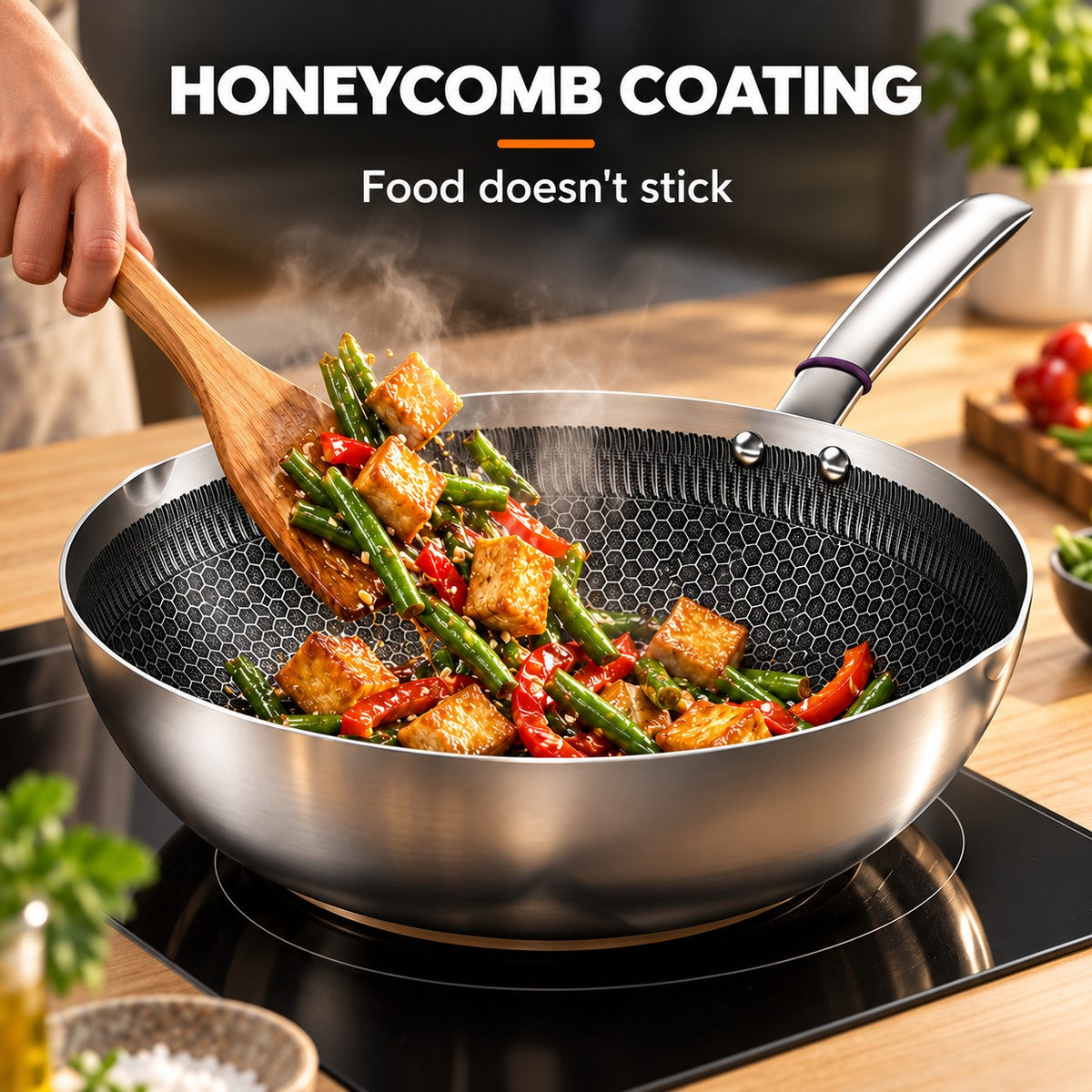 The Iwate Stainless Steel Wok, HONEYCOMB COATING: Food doesn't stick