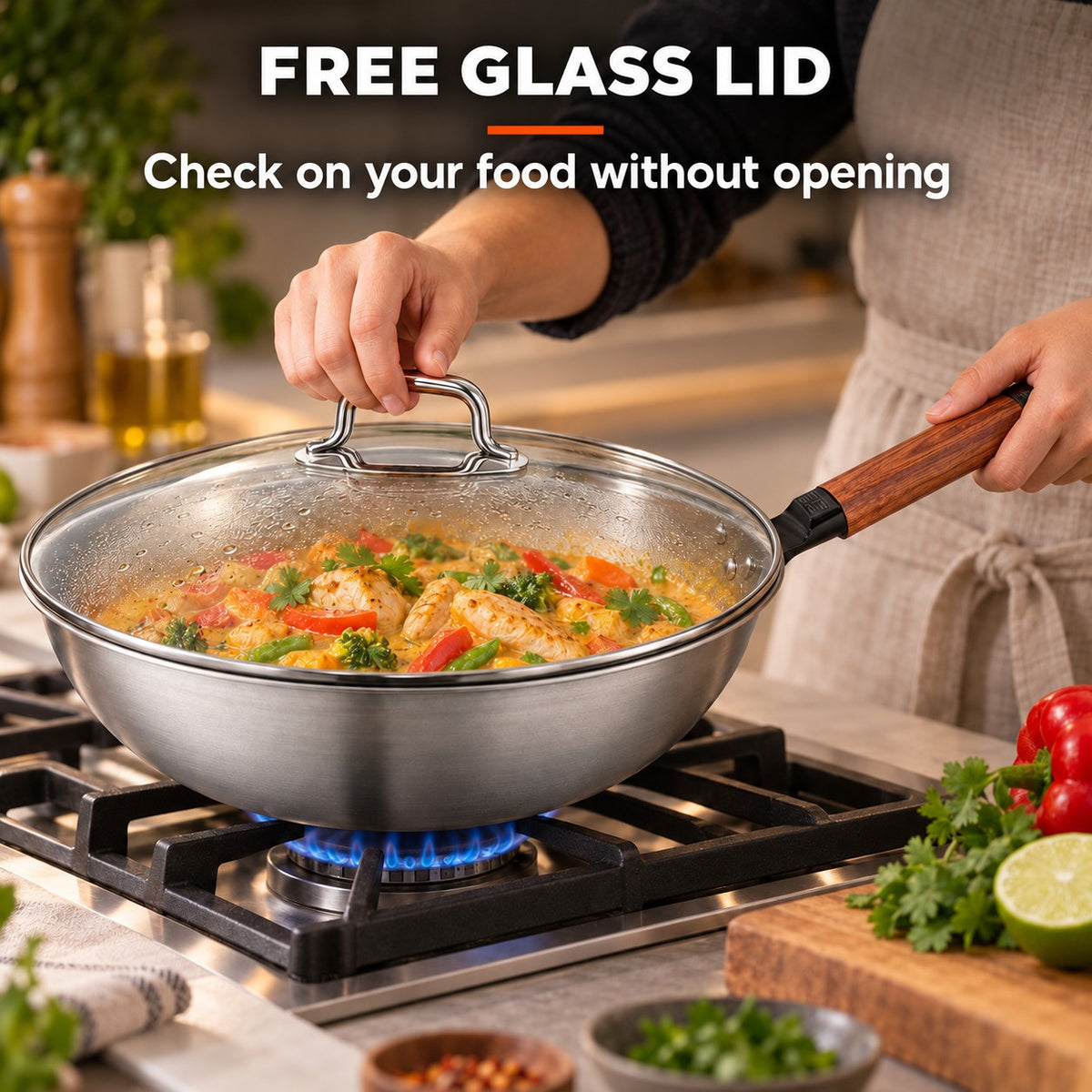 The Homika Wok With Lid, FREE GLASS LID: Check on your food without opening
