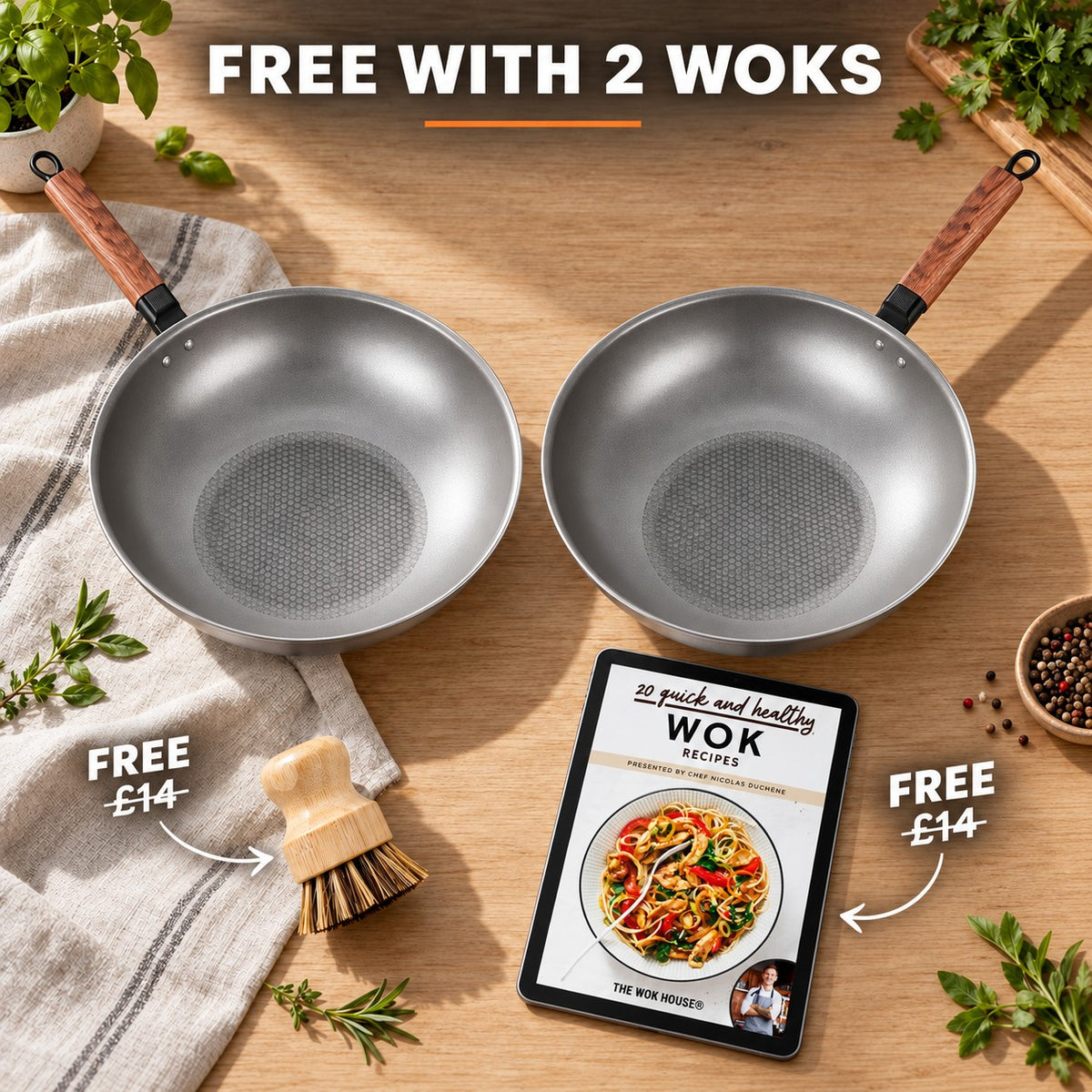 The Homika Wok With Lid, FREE WITH 2 WOKS: bamboo brush (£14), recipe book (£14)
