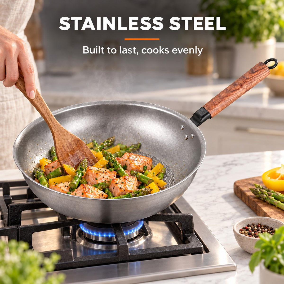 The Homika Wok With Lid, STAINLESS STEEL: Built to last, cooks evenly