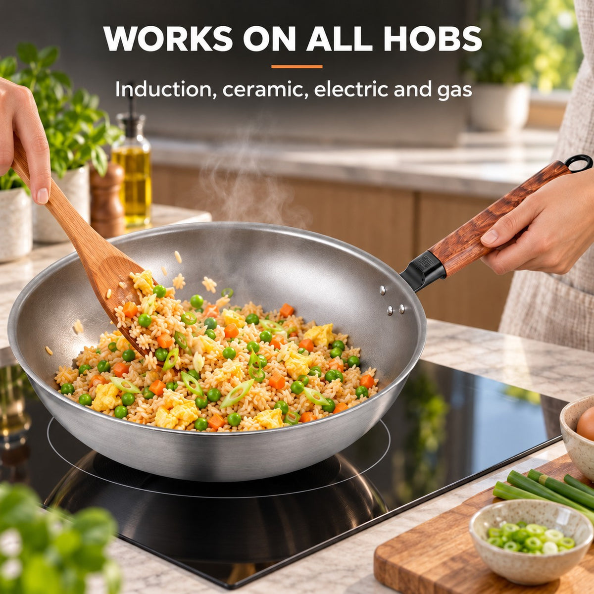 The Homika Wok With Lid, WORKS ON ALL HOBS: Induction, ceramic, electric and gas