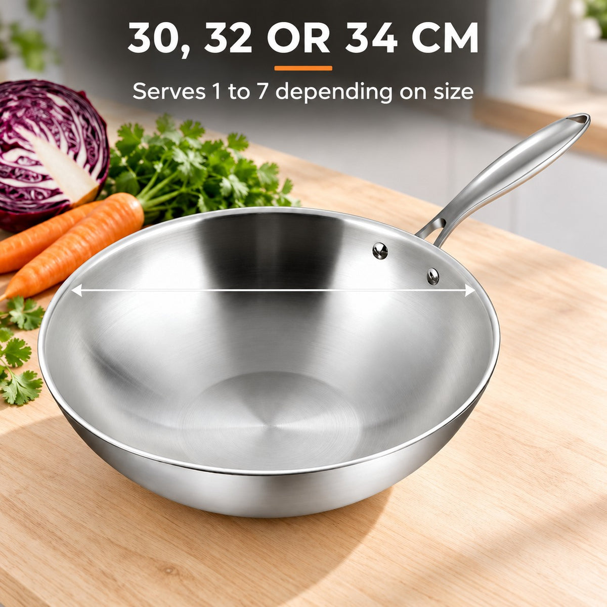 Steel wok, 30, 32 OR 34 CM: Serves 1 to 7 depending on size